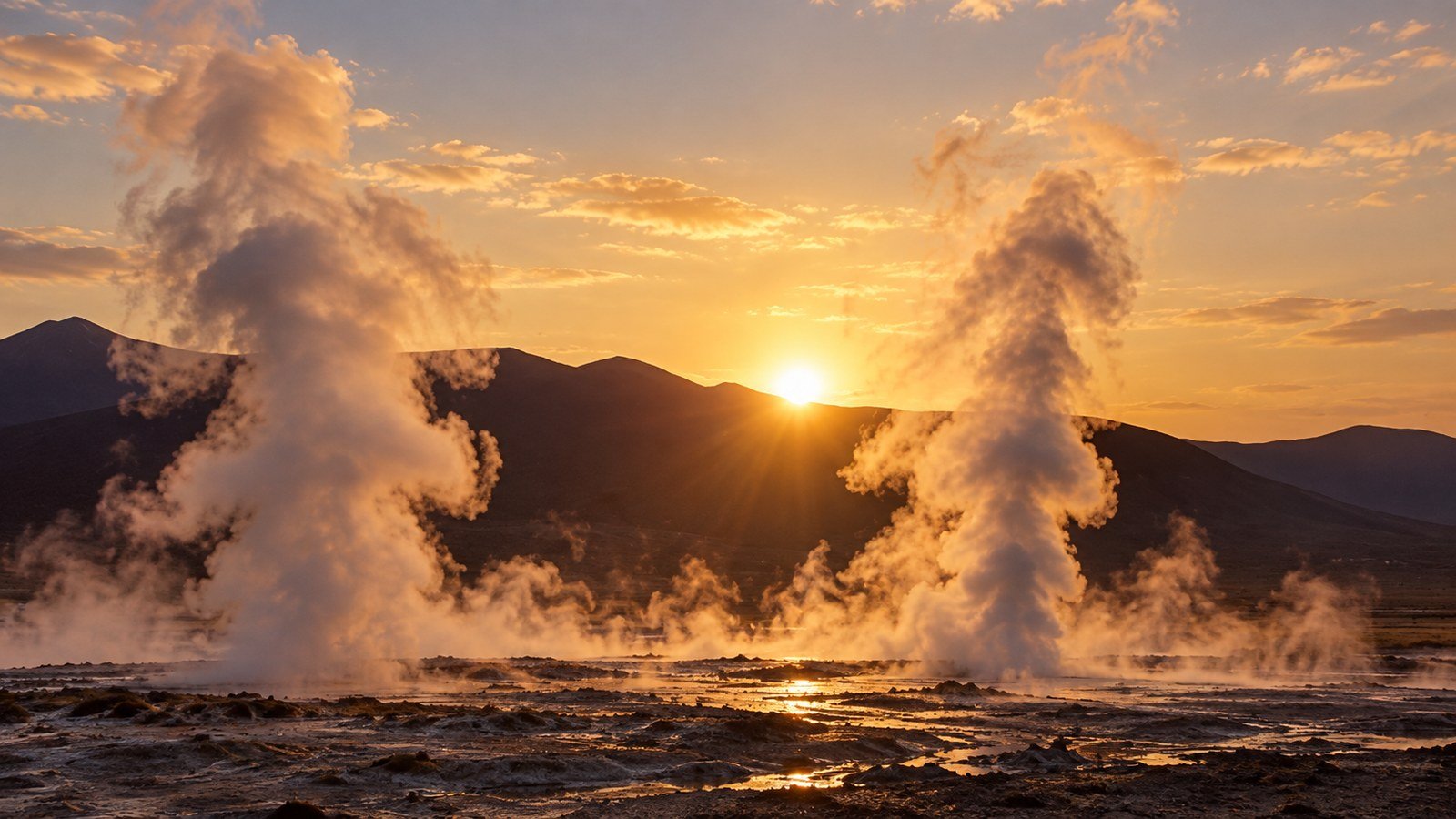Colunas de vapor nos Geysers del Tatio iluminadas pelo amanhecer